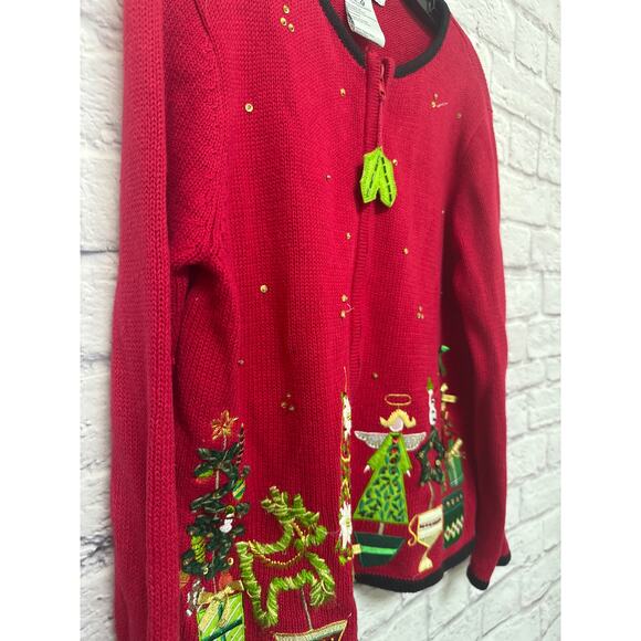 Tiara International Red Embroidered Christmas Holiday Zip Up Cardigan Sweater LG - Picture 2 of 4